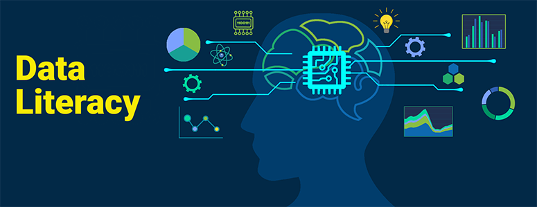 Silhouette with digital brain and data icons on dark background.
