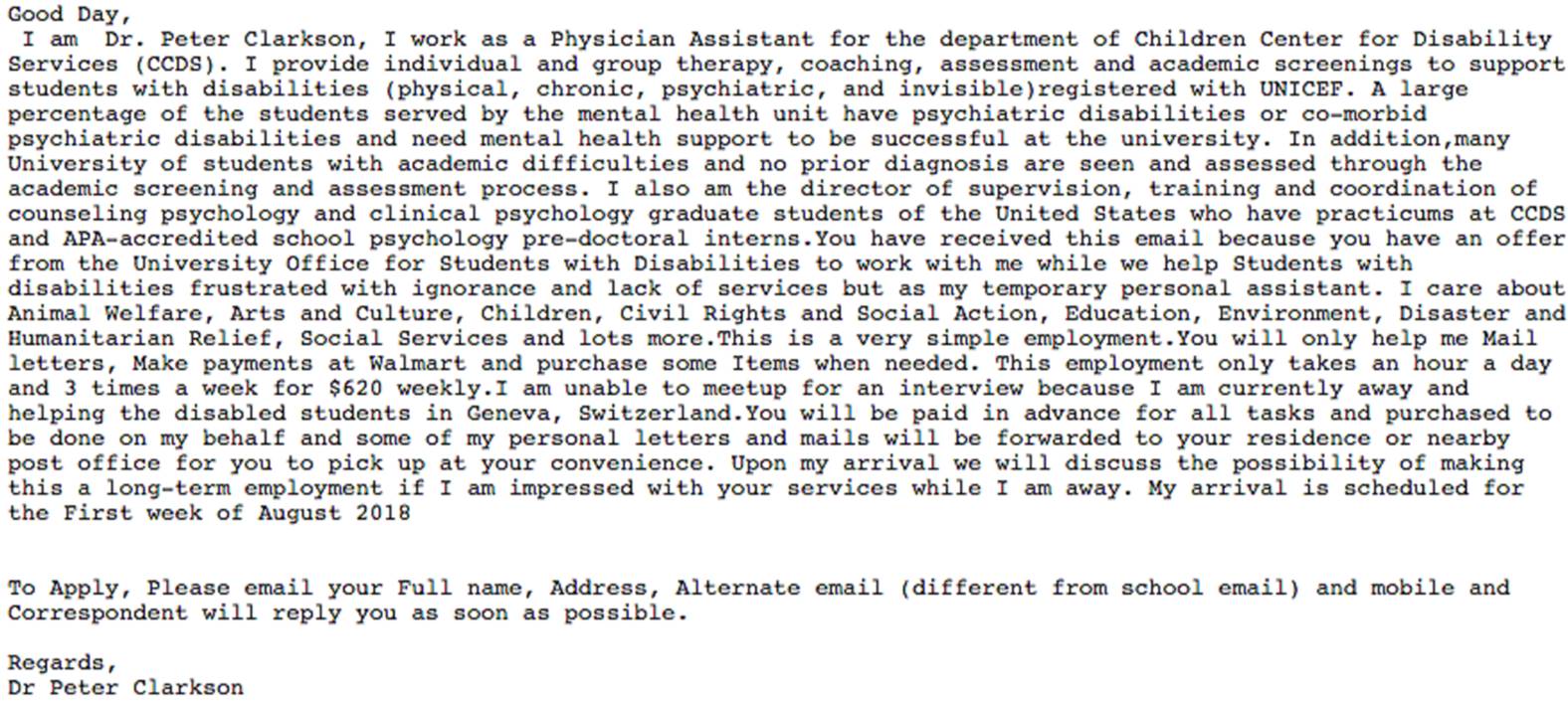 Text of phishing email advertising faculty positions