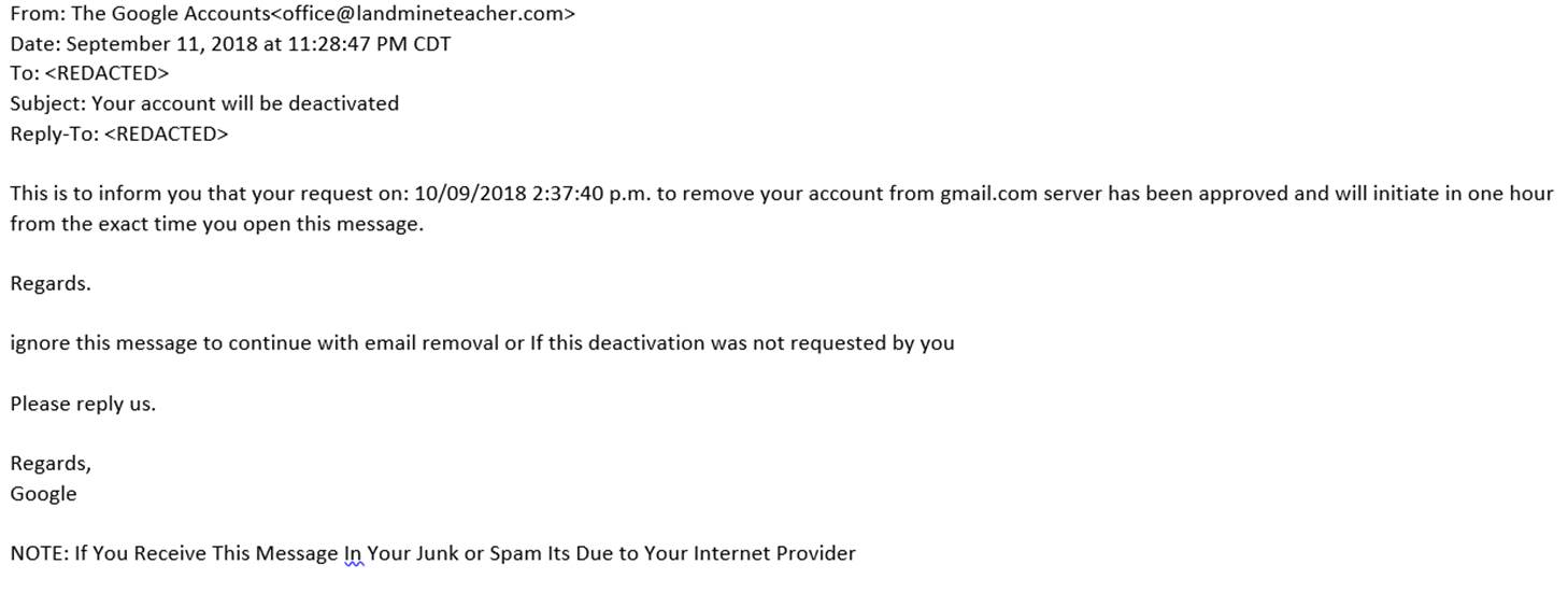 Google account phishing email
