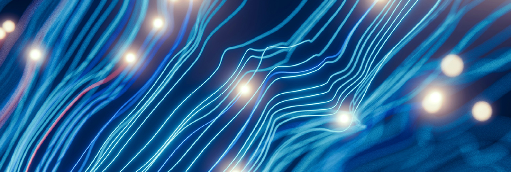 Digital graphic of glowing blue lines and lights on dark background.