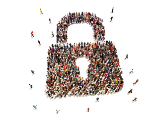People standing to form the shape of a lock