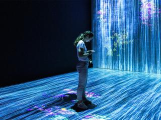 A woman standing in a projected light show.